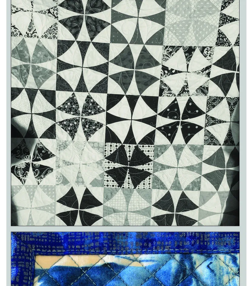 Black, white, and gray pinwheel-pattern quilt